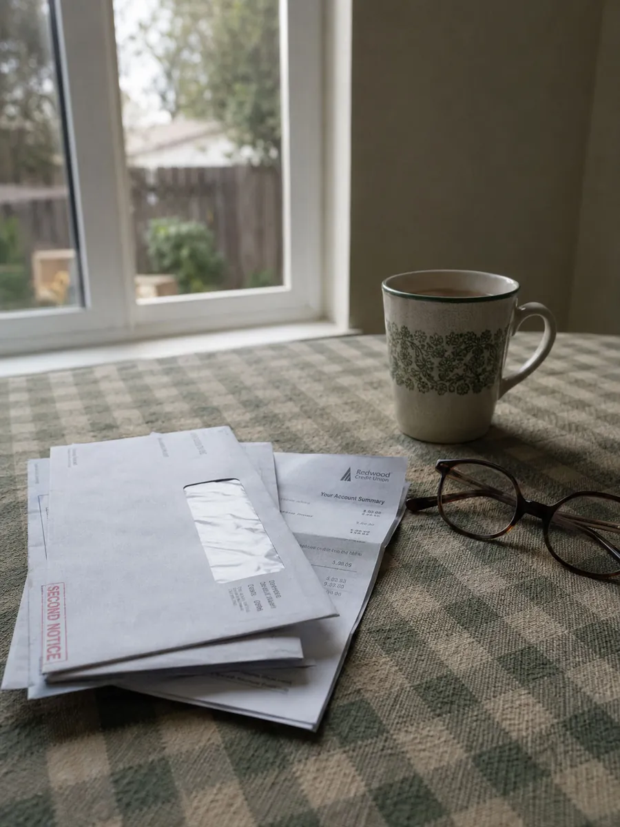 A stack of unopened mail marked second notice beside a mug and reading glasses on a kitchen table