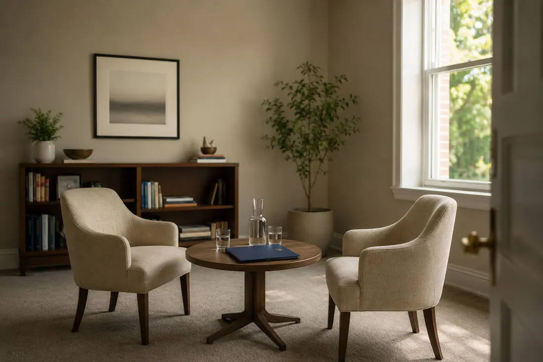 Two upholstered chairs facing a small round table holding a navy folder, in a sunlit meeting room