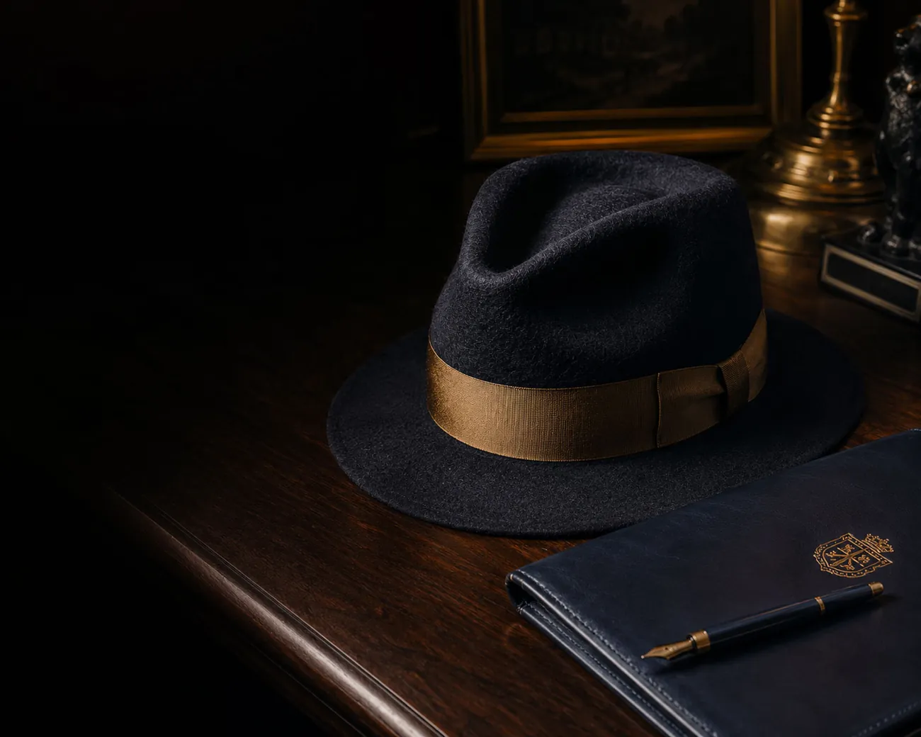 A navy felt fedora with a gold band resting on a dark wood desk beside a navy leather portfolio and fountain pen