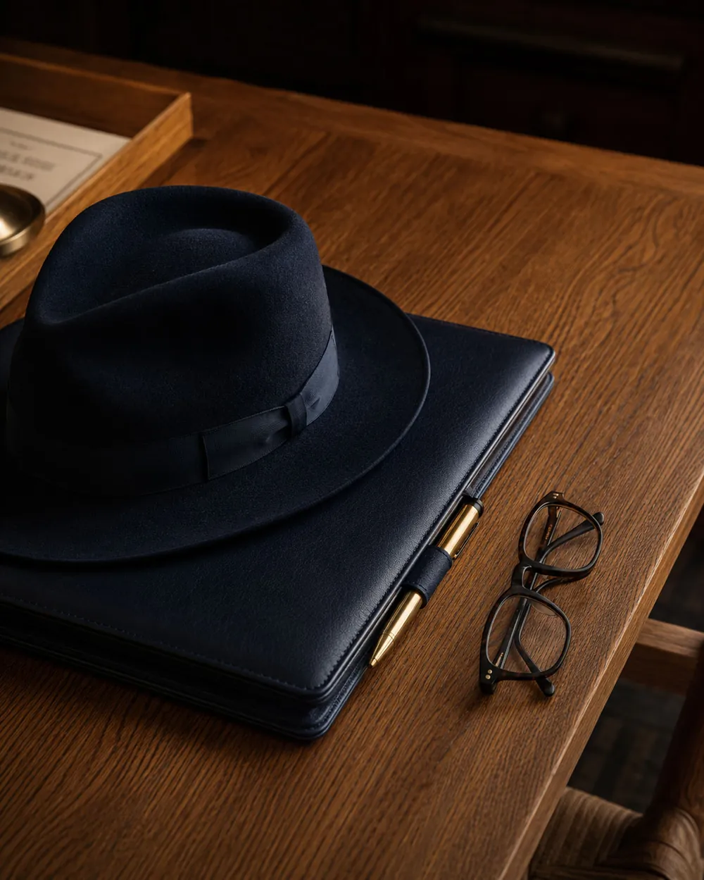 A navy fedora resting on a navy leather portfolio with a gold pen and reading glasses on an oak desk