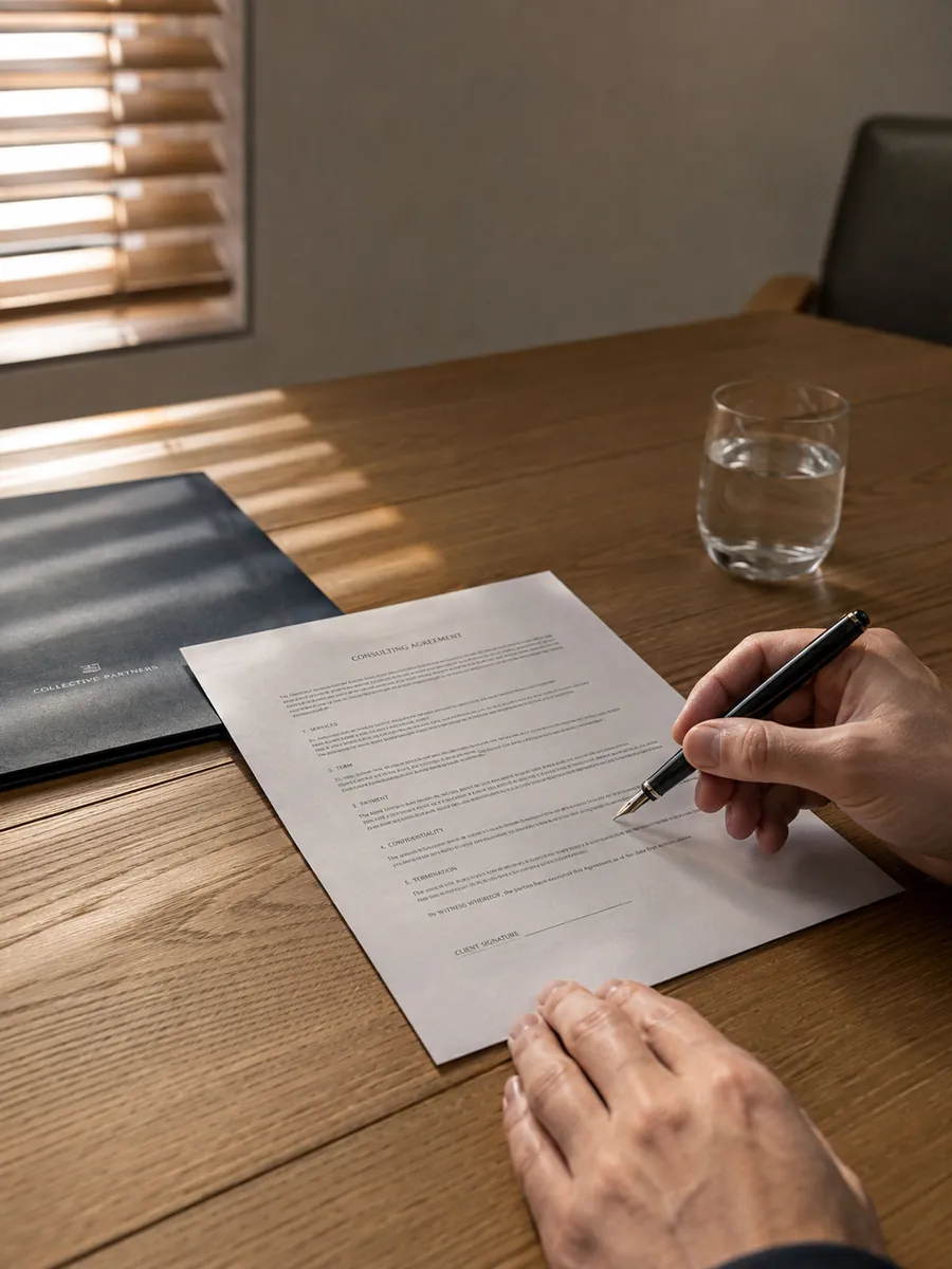 Hands signing a document with a fountain pen at an oak table beside a navy folder
